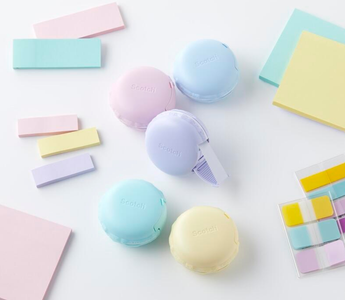 Scotch Macaron Mending Tape in pastel colors, safe macaron-shaped tape dispenser, durable matte finish, perfect for fixing papers, planners, and cute stationery lovers.