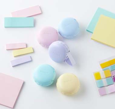 Scotch Macaron Mending Tape in pastel colors, safe macaron-shaped tape dispenser, durable matte finish, perfect for fixing papers, planners, and cute stationery lovers.