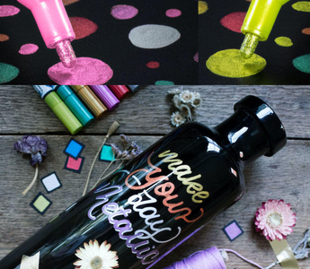 Schneider Paint-It metallic markers with aluminum flakes in 8 colors showing sparkly writing on glass and plastic surfaces