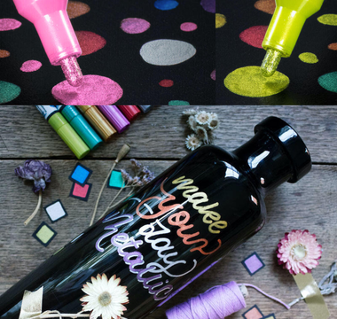 Schneider Paint-It metallic markers with aluminum flakes in 8 colors showing sparkly writing on glass and plastic surfaces
