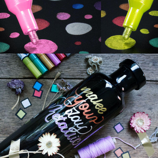 Schneider Paint-It metallic markers with aluminum flakes in 8 colors showing sparkly writing on glass and plastic surfaces