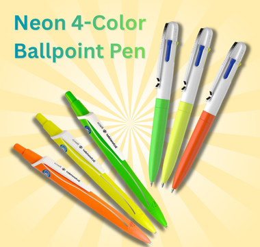 Neon 4-color ballpoint pen featuring smooth writing, bright neon inks, and eco-friendly design. Perfect for journaling, schoolwork, or fun colorful notes.