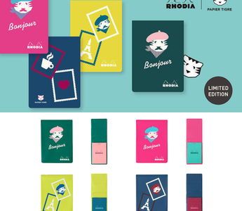 Papier Tigre x Rhodia collaboration notebooks with durable PVC covers, Paris-inspired patterns, and colorful Rhodia memo pads for journaling, note-taking, and stylish stationery fun.