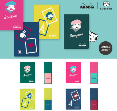 Papier Tigre x Rhodia collaboration notebooks with durable PVC covers, Paris-inspired patterns, and colorful Rhodia memo pads for journaling, note-taking, and stylish stationery fun.