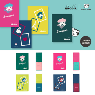 Papier Tigre x Rhodia collaboration notebooks with durable PVC covers, Paris-inspired patterns, and colorful Rhodia memo pads for journaling, note-taking, and stylish stationery fun.