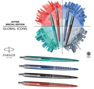 Close-up of the PARKER Jotter Special Edition city-inspired pens in vibrant colors—London Red, Paris Gray, Seoul Blue, and Miami Turquoise—showcasing elegant design and smooth writing quality.