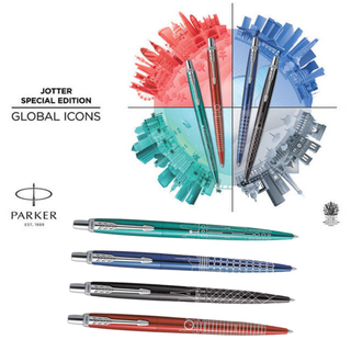 Close-up of the PARKER Jotter Special Edition city-inspired pens in vibrant colors—London Red, Paris Gray, Seoul Blue, and Miami Turquoise—showcasing elegant design and smooth writing quality.