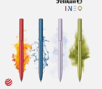Pelikan INEO ballpoint pen in four colors: Ocean Blue, Lavender Scent, Fiery Red, and Green Oasis, displayed in an original metal gift box by German brand Pelikan.