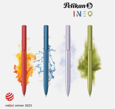 Pelikan INEO ballpoint pen in four colors: Ocean Blue, Lavender Scent, Fiery Red, and Green Oasis, displayed in an original metal gift box by German brand Pelikan.