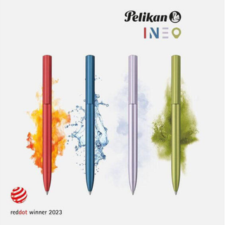 Pelikan INEO ballpoint pen in four colors: Ocean Blue, Lavender Scent, Fiery Red, and Green Oasis, displayed in an original metal gift box by German brand Pelikan.