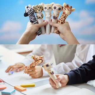 Posee pen grip for students featuring cute animal designs. Soft plush grip prevents slipping from hand sweat, reduces hand fatigue, and makes long writing sessions more comfortable.