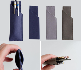 Quick-write pen holder made from sturdy canvas, holding four pens in a compact design for quick access, daily writing, journaling, studying, and neat stationery storage.