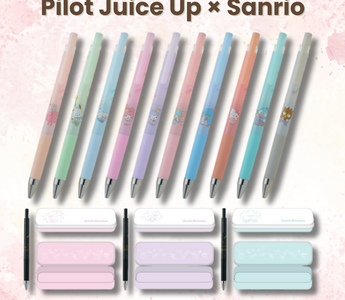 Juice Up Sanrio Characters Limited Edition Pens featuring 10 adorable designs, including anniversary editions of My Melody, Kiki & Lala, and Kuromi, with smooth black gel ink and a 0.5mm fine tip.