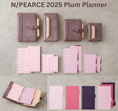 N/PEARCE System Planner 2025 Plum Edition with luxury leather, matching refills, and paper indexes, perfect for organizing notes, journaling, and daily planning.