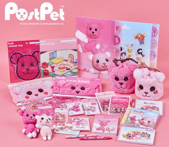 A colorful display of the PostPet Stationery Series 2025 by Sun-Star Stationery featuring the iconic pink bear, showcasing cute and nostalgic Japanese stationery items loved by collectors.
