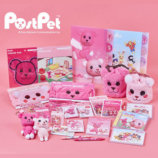 A colorful display of the PostPet Stationery Series 2025 by Sun-Star Stationery featuring the iconic pink bear, showcasing cute and nostalgic Japanese stationery items loved by collectors.