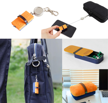 Retractable screen cleaner with extendable reel cord shaped like chalkboard eraser, compact microfiber phone and tablet cleaning cloth that clips to backpack, keys, or pencil case for convenient portable device screen cleaning without scratches