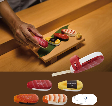 Sushi Dot Liner tape glue featuring cute sushi designs including tuna, egg, salmon roe, and shrimp. Mystery collectible pack perfect for kawaii stationery lovers and Japanese stationery fans.