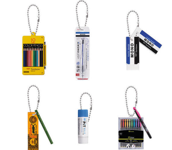 Tombow Miniature Charms featuring six adorable miniature versions of Tombow stationery items, including the MONO Eraser and Monograph pencil, from Bandai’s Gashapon collection.