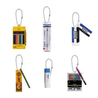 Tombow Miniature Charms featuring six adorable miniature versions of Tombow stationery items, including the MONO Eraser and Monograph pencil, from Bandai’s Gashapon collection.