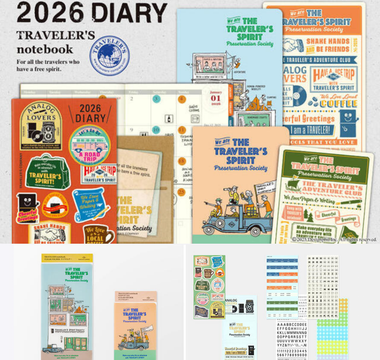Traveler’s Notebook 2026 limited edition diary and accessories including stickers, clear holders, and writing boards for creative journaling, travel planning, and organizing memories.