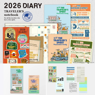 Traveler’s Notebook 2026 limited edition diary and accessories including stickers, clear holders, and writing boards for creative journaling, travel planning, and organizing memories.