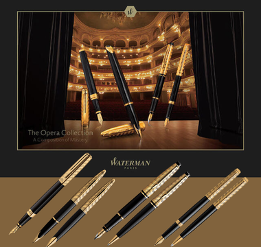 A stunning display of the Waterman Opera Collection, Paris-inspired luxury pens featuring elegant black and gold designs, perfect for collectors, journaling, and gift-giving.