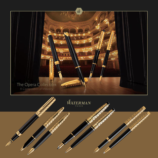 A stunning display of the Waterman Opera Collection, Paris-inspired luxury pens featuring elegant black and gold designs, perfect for collectors, journaling, and gift-giving.