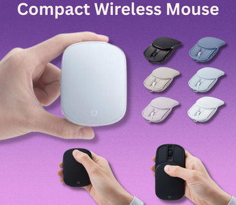 Close-up image of the compact wireless rechargeable mouse by Nakabayashi, shown folded and unfolded, highlighting its silent buttons and sliding design.