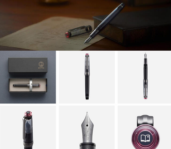 Sailor Witch's Whisper limited edition fountain pen in black and pink with silver glitter accent, featuring 14k gold nib with broomstick design and silver spellbook cap decoration, exclusive Halloween themed Professional Gear Slim from Ancora Ginza