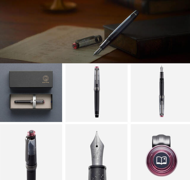 Sailor Witch's Whisper limited edition fountain pen in black and pink with silver glitter accent, featuring 14k gold nib with broomstick design and silver spellbook cap decoration, exclusive Halloween themed Professional Gear Slim from Ancora Ginza