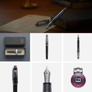 Sailor Witch's Whisper limited edition fountain pen in black and pink with silver glitter accent, featuring 14k gold nib with broomstick design and silver spellbook cap decoration, exclusive Halloween themed Professional Gear Slim from Ancora Ginza