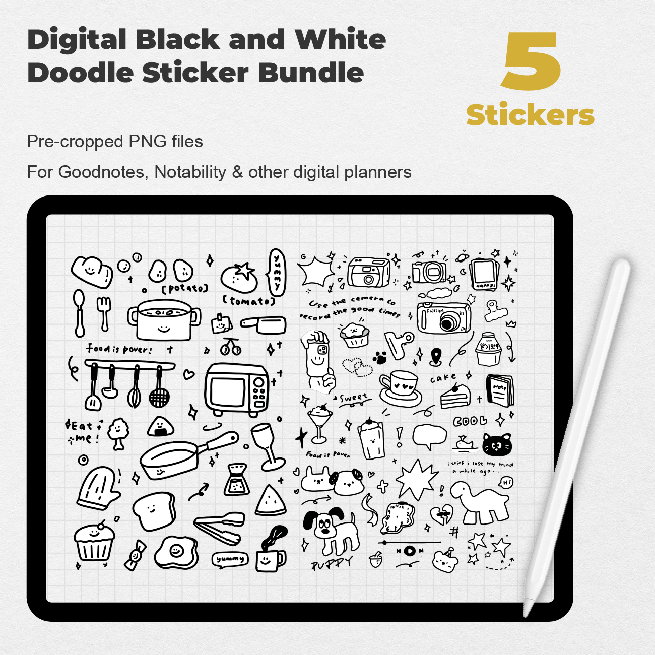 5 Digital Black and White Doodle Sticker Bundle - Stationery Pal