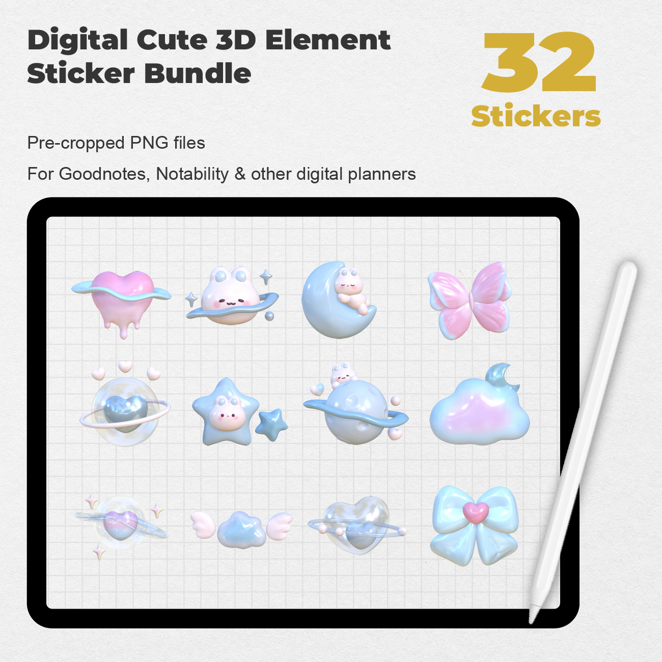 32 Digital Cute 3D Element Sticker Bundle - Stationery Pal