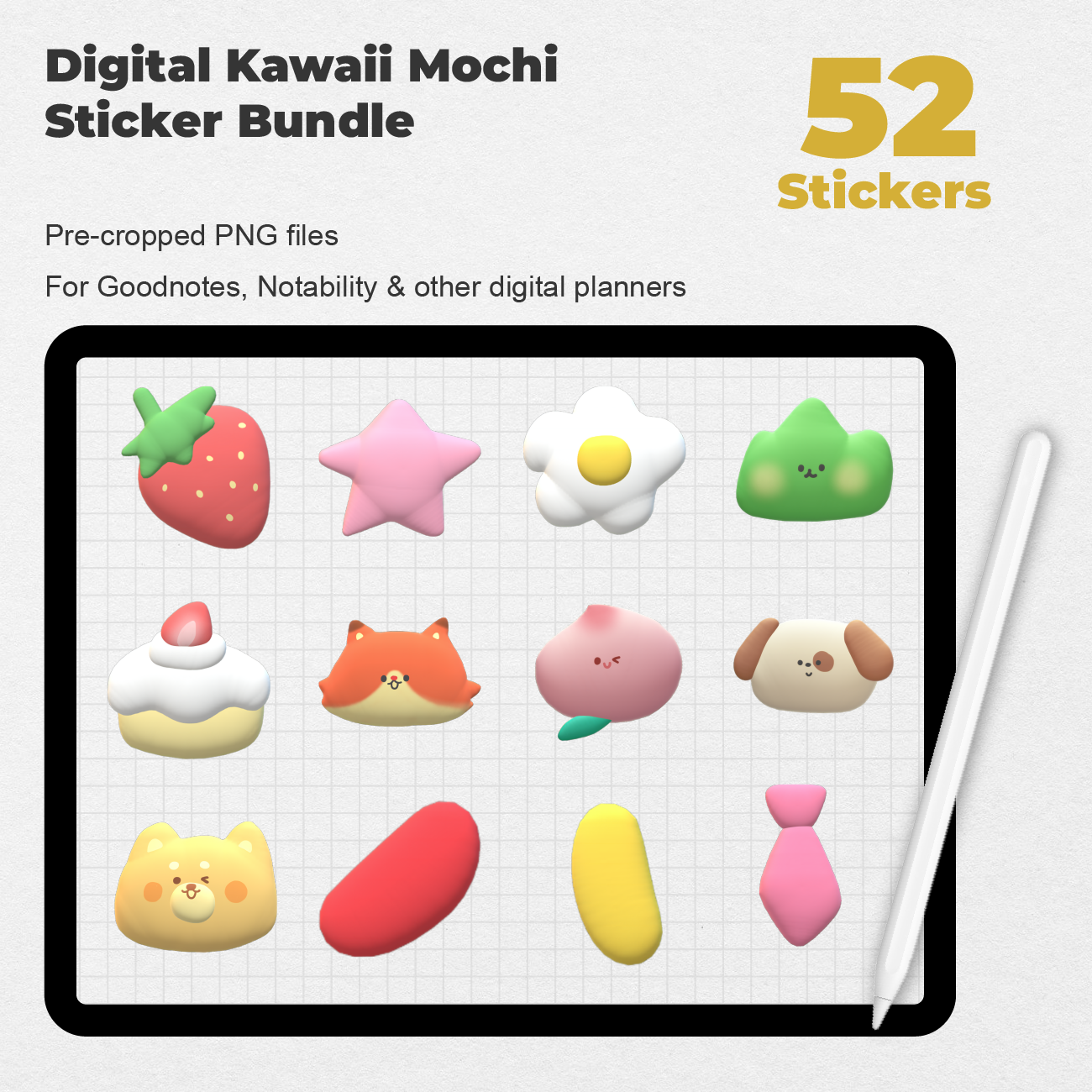 52 Digital Kawaii Mochi Sticker Bundle - Stationery Pal