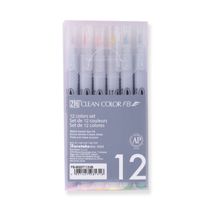 Kuretake ZIG Clean Color FB Felt Tip Brush Pen - 12 Color Set - Bright - Stationery Pal