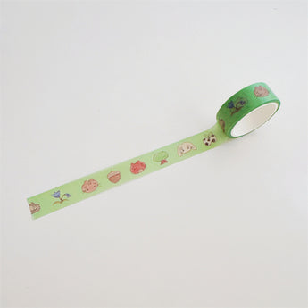 Cartoon Elephant And Tomato Washi Tape For Journaling - Animals On Green