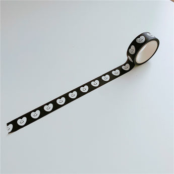 Kawaii Smiley Cake And Bear Washi Tape - White Hearts On Black