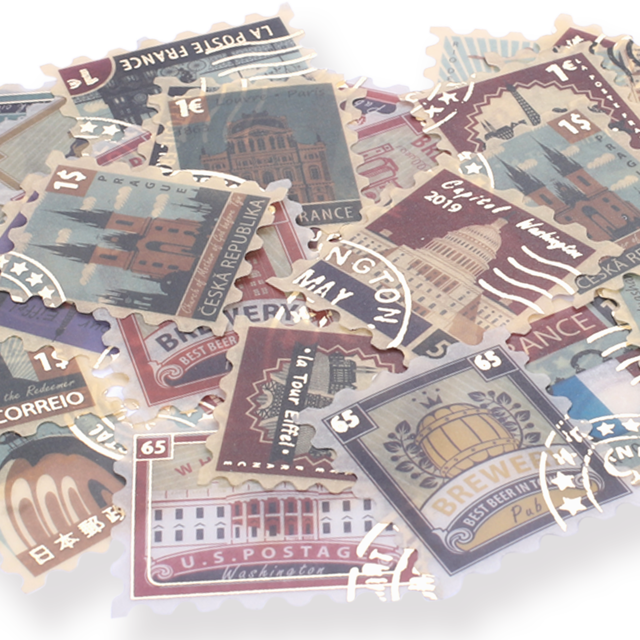 Vintage Bronzing Sticker Pack - Retro Decorative Stickers City Stamps
