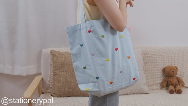 Heart Embroidered Canvas Tote Bag - Light Blue