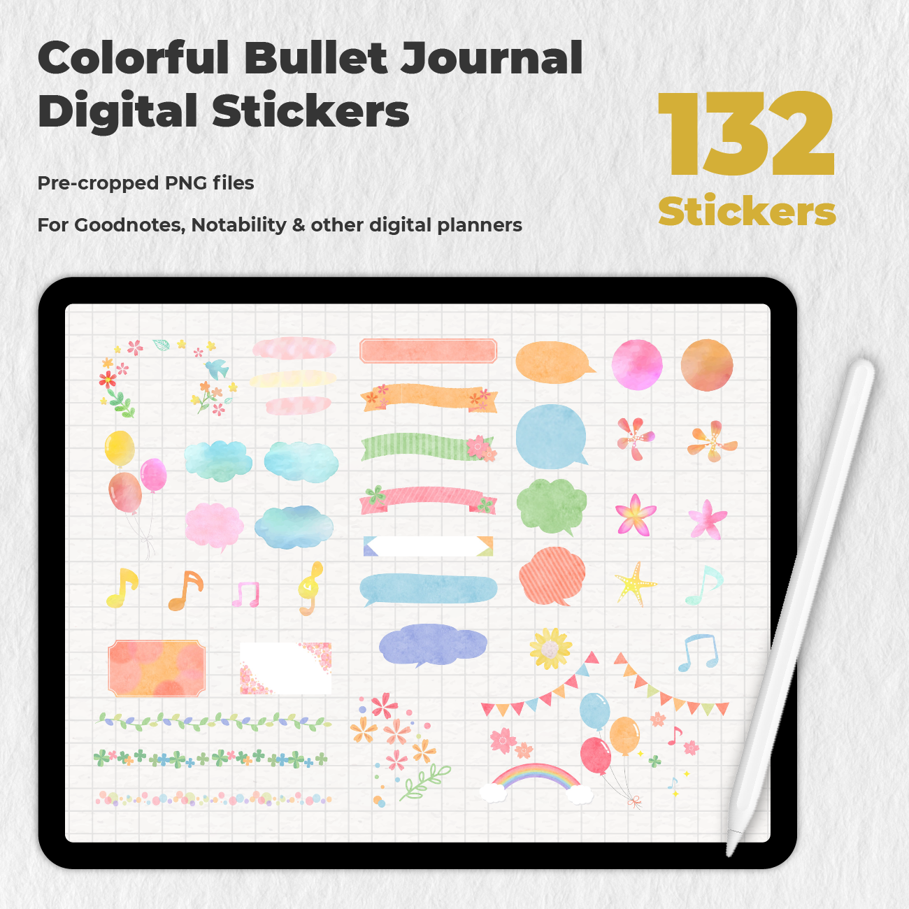 132 Colorful Bullet Journal Digital Stickers — Stationery Pal