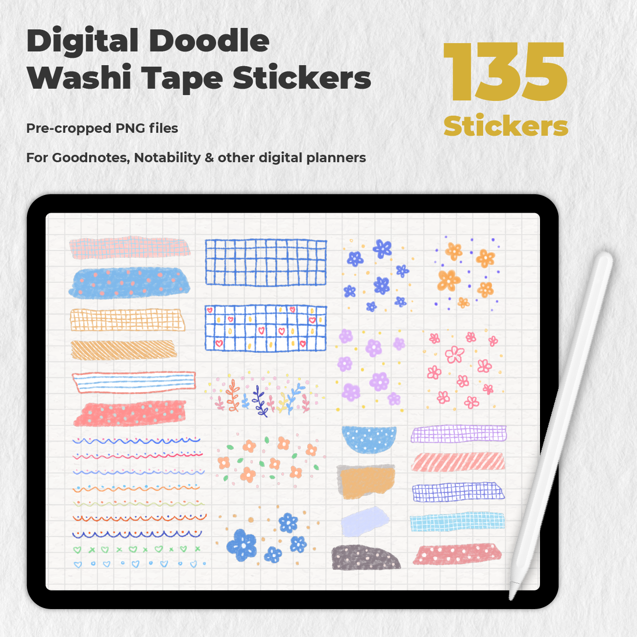 135 Digital Doodle Washi Tape Stickers - Stationery Pal