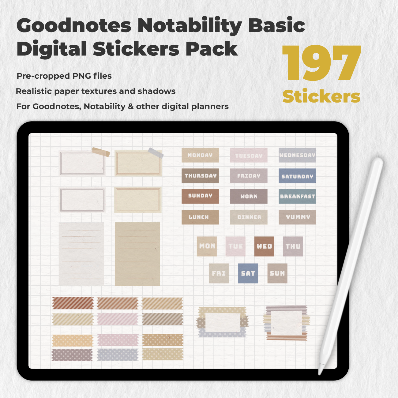 197 Goodnotes Notability Basic Digital Stickers Pack - Stationery Pal