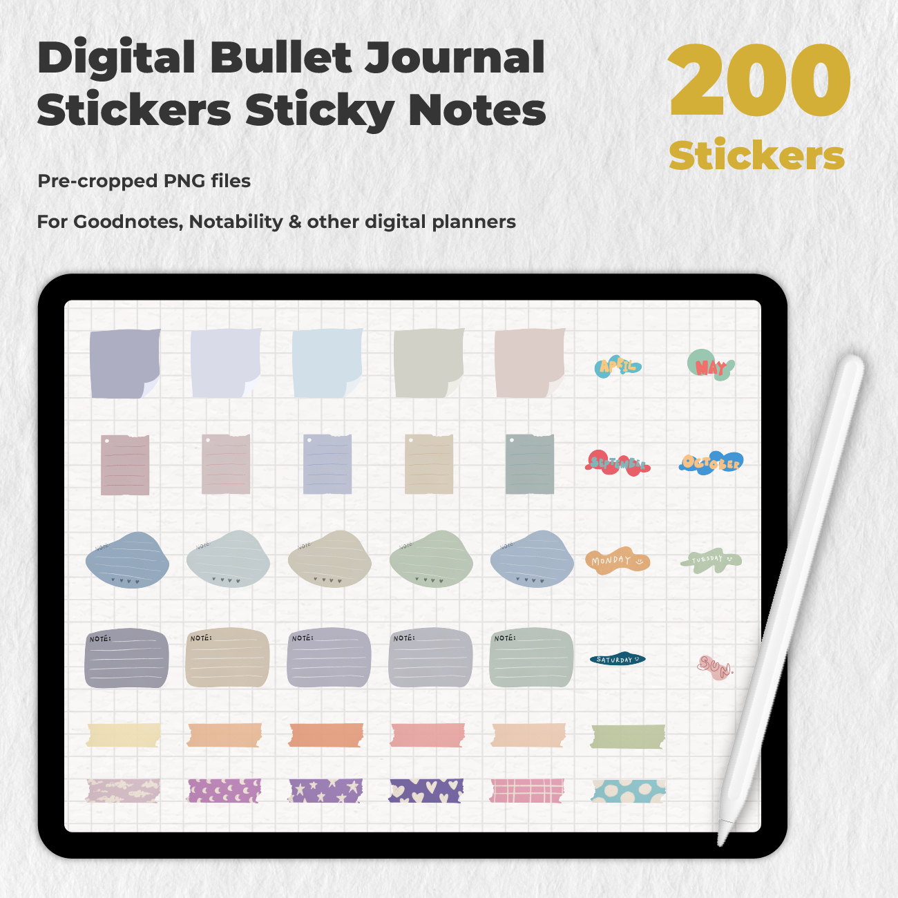 200 Digital Bullet Journal Stickers Sticky Notes - Stationery Pal