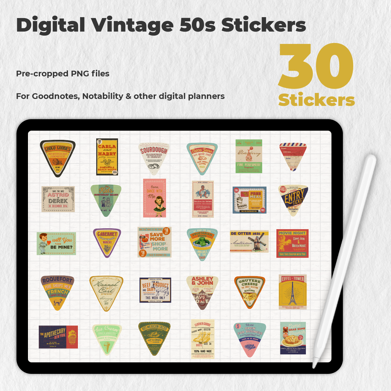 30 Digital Vintage 50s Stickers - Stationery Pal