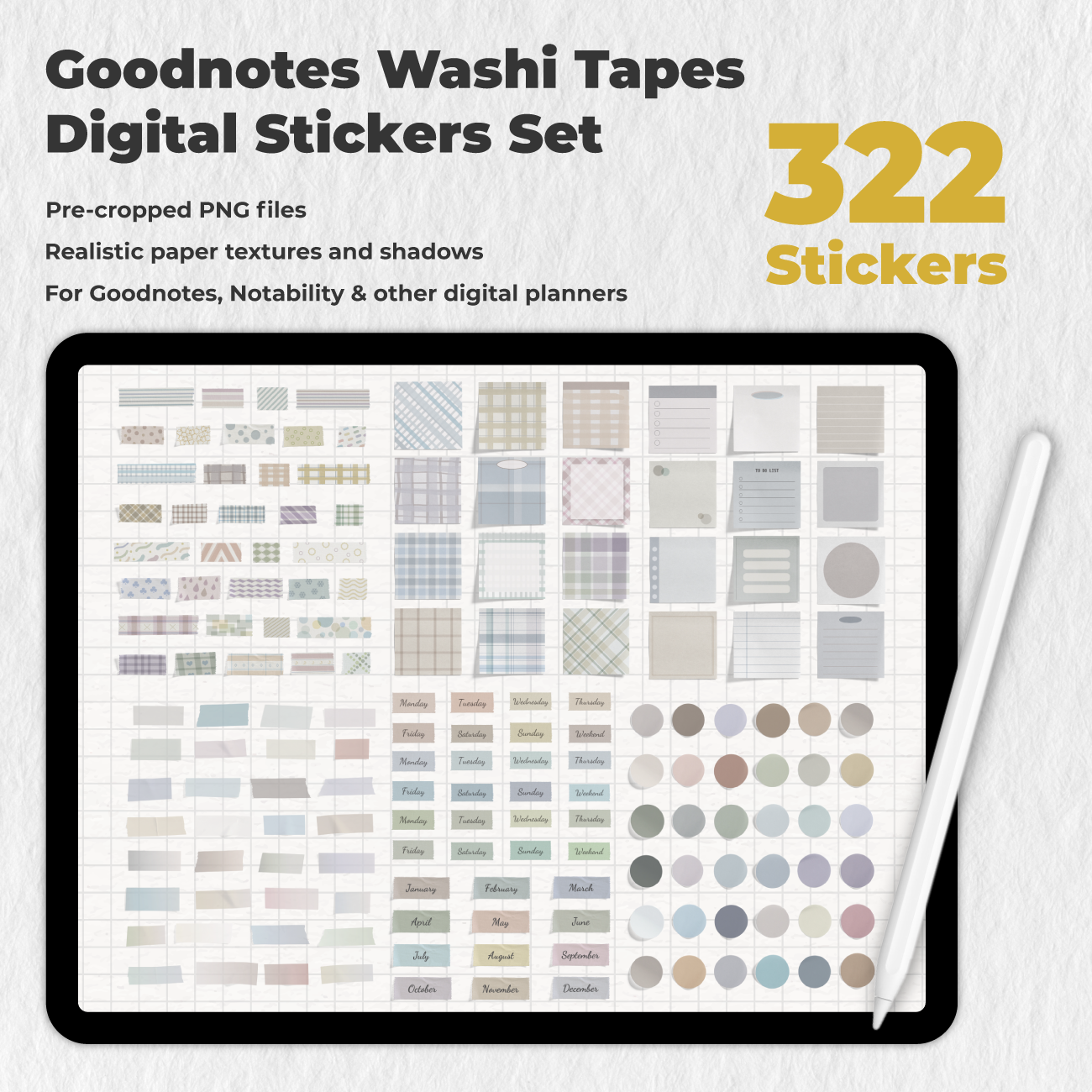 322 Goodnotes Washi Tapes Digital Stickers Set - Stationery Pal