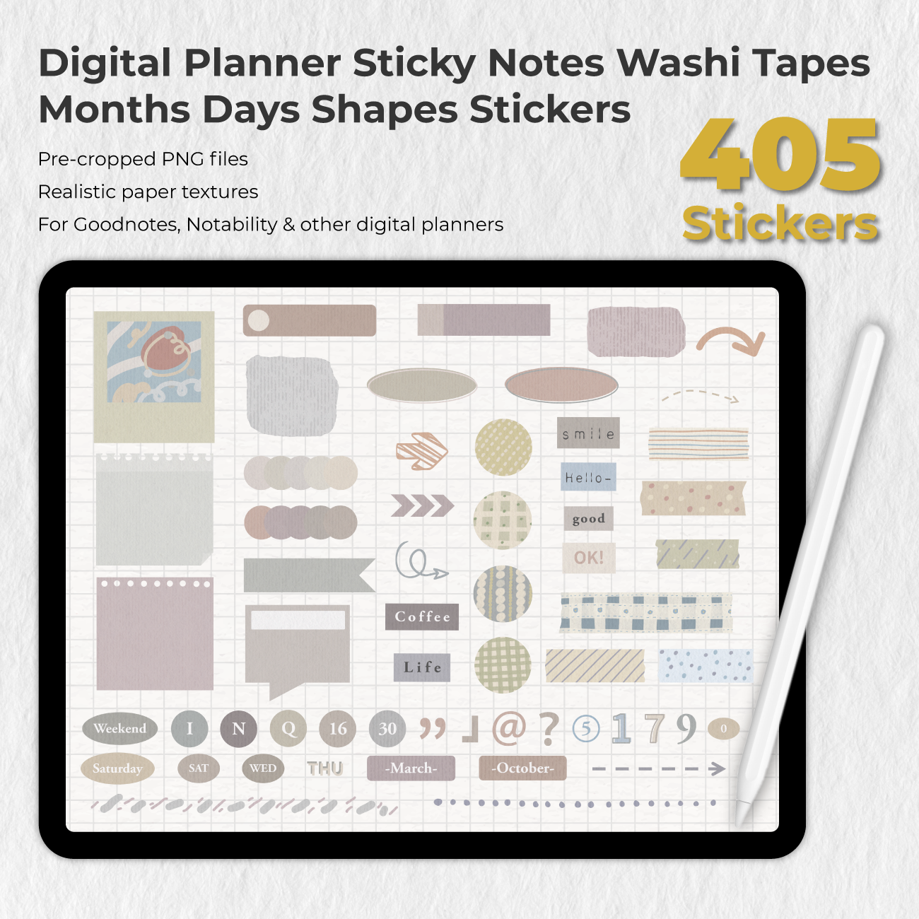 405 Digital Planner Sticky Notes Washi Tapes Months Days Shapes Stickers For Goodnotes Notability - Stationery Pal