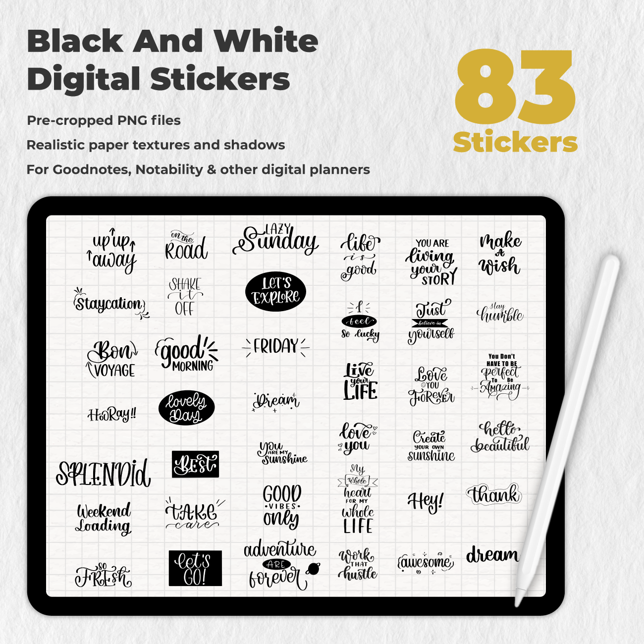 83 pegatinas digitales en blanco y negro