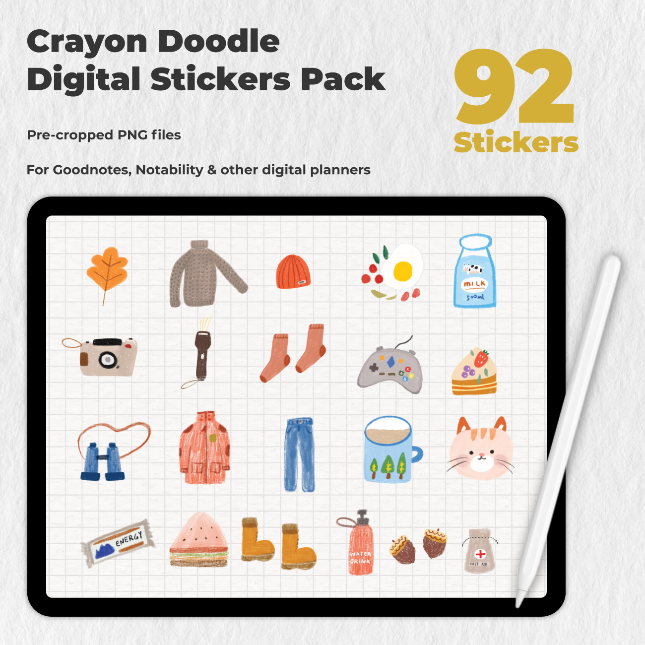 92 Crayon Doodle Digital Stickers