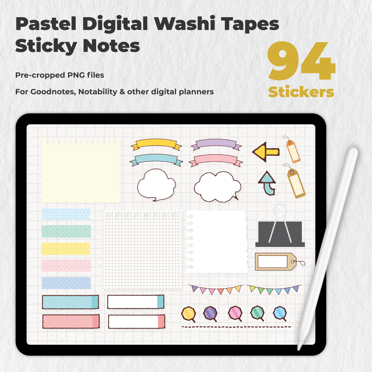 94 Pastel Digital Washi Tapes Sticky Notes
